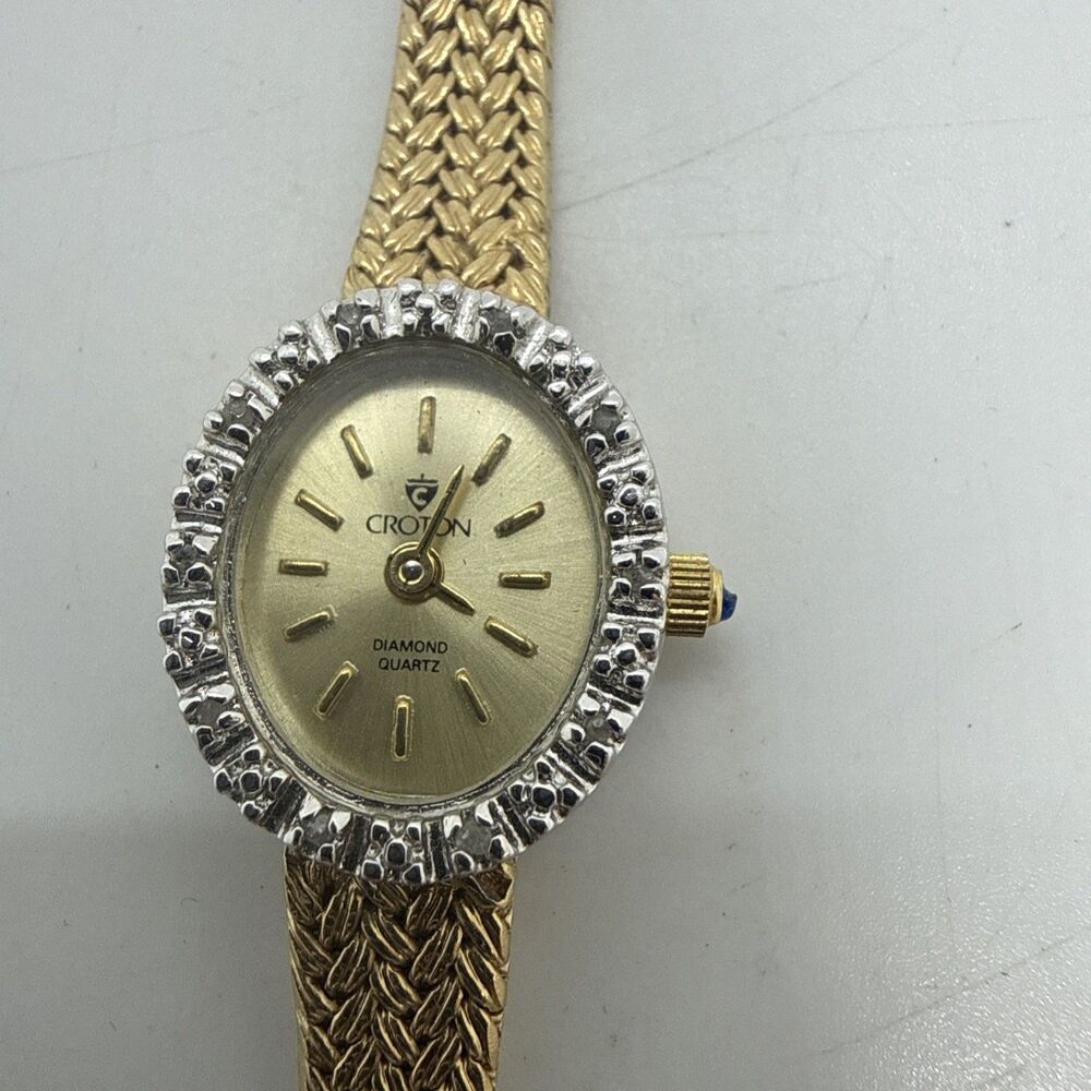 Vtg Croton Ladies 17mm Watch Gold Tone Diamond Bezel Adjustable Band Working